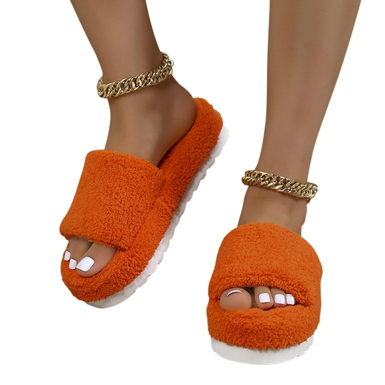 KIJBLAE Women s Fuzzy Cross Band Slippers Winter Warm Soft Plush House Slides Indoor Outdoor Flat Shoes Orange 43