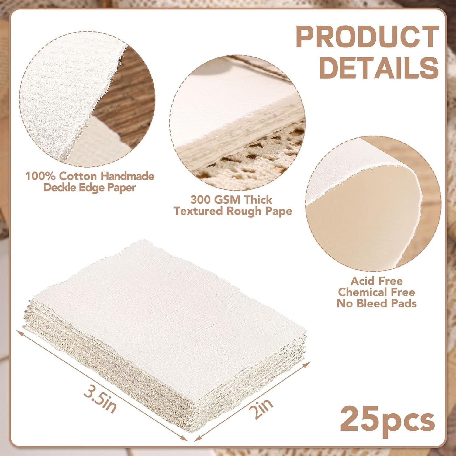 25 Sheets Watercolor Paper, 300 GSM Deckled Edge Paper 4 x 6 inch Rough/Textured Handmade Paper Cotton Paper White Textured Papers for Watercolors, Wedding Invitations, Cards, Crafts