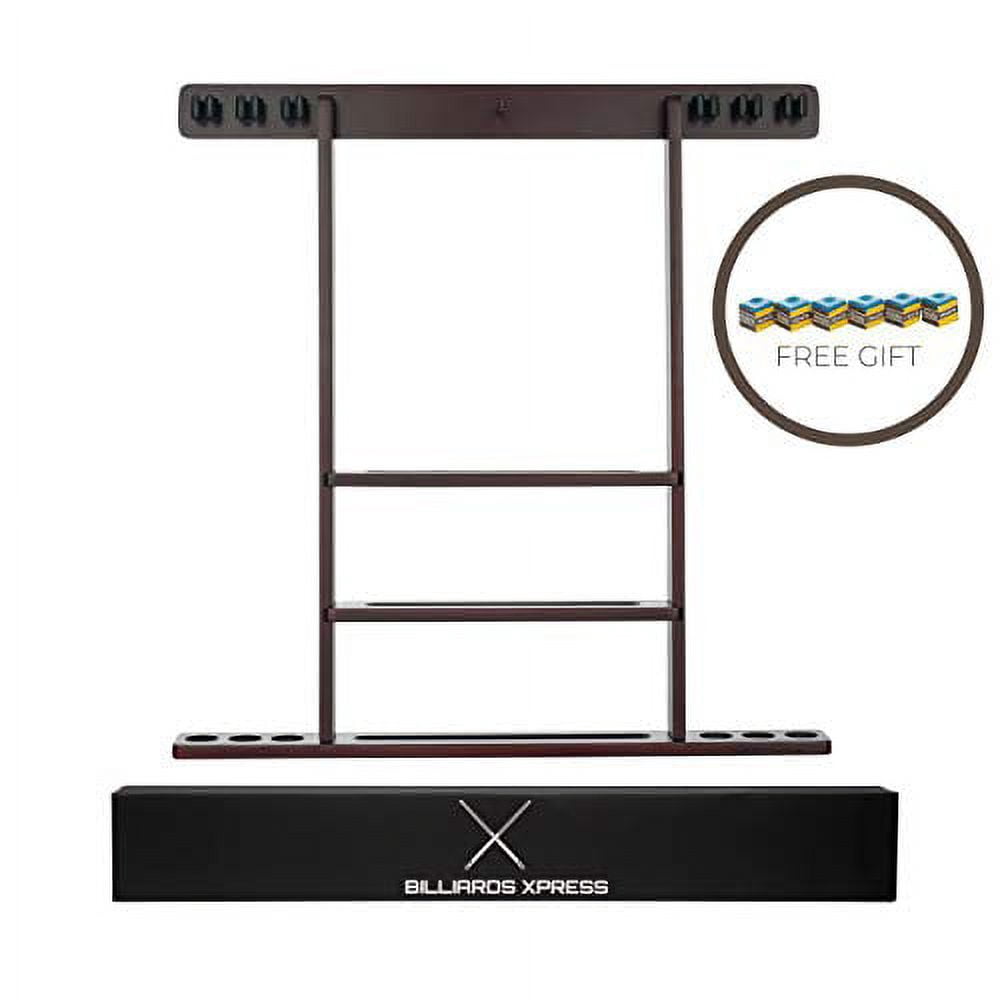 Pool Cue Rack - Pool Stick Holder Wall Mount With 16 Ball Holders & 6 Pack Of Chalk - Rubber Circle Pads & Large Clips Prevent Damage - Compact Billiard Table Accessories For Man Cave (Mahogany)