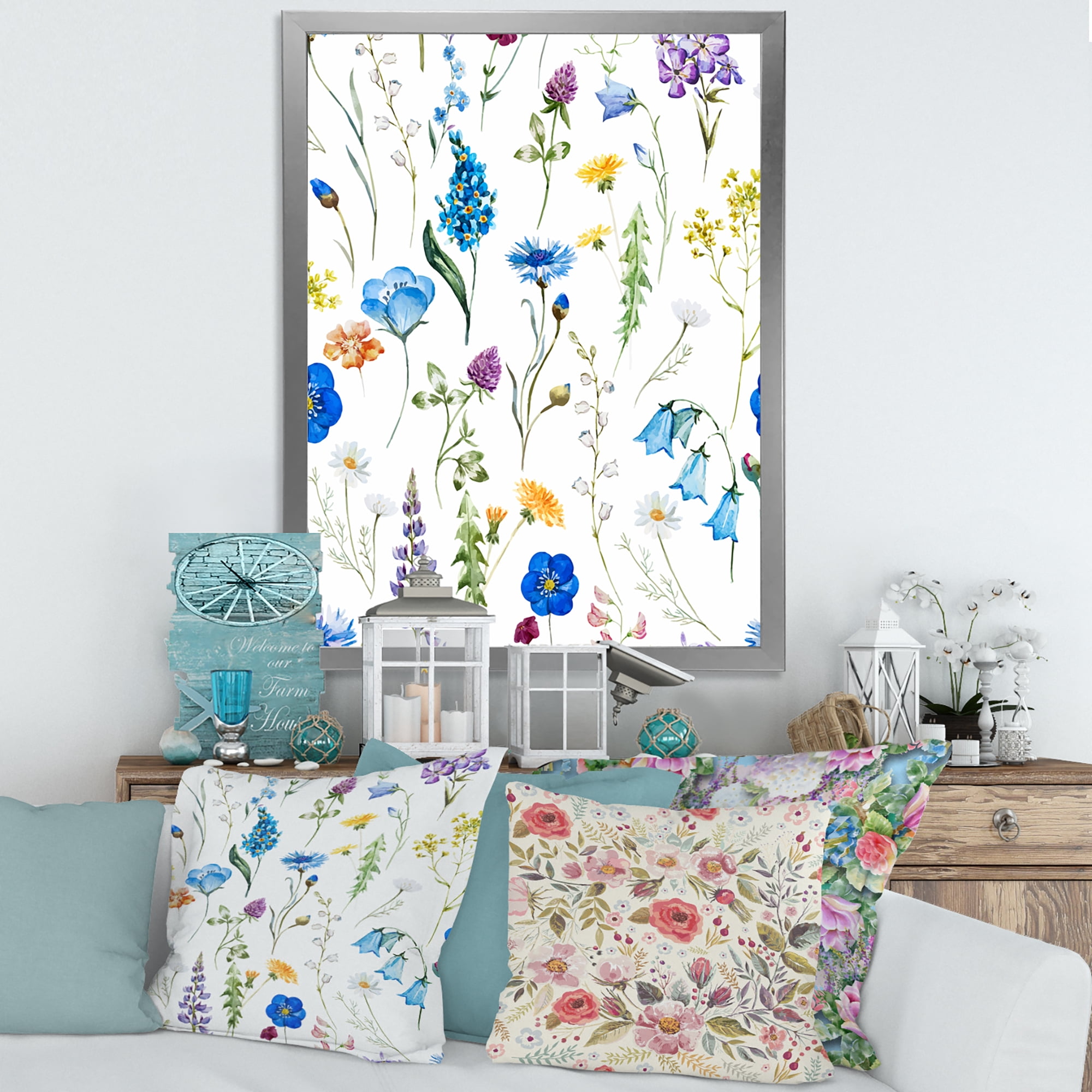 Designart 'Blue Wildflowers With Leaves I' Traditional Framed Art Print