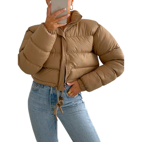 Gureui Women's Autumn Winter Casual Warm Coat, Solid Color Long Sleeve Stand Collar Zipper with Drawstring Outerwear