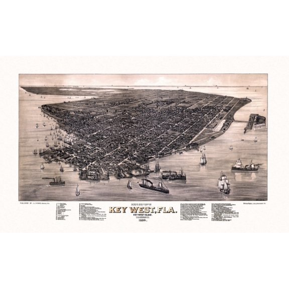 Historic Map of Key West Florida 1884 Monroe County Canvas Art - (36 x 54)