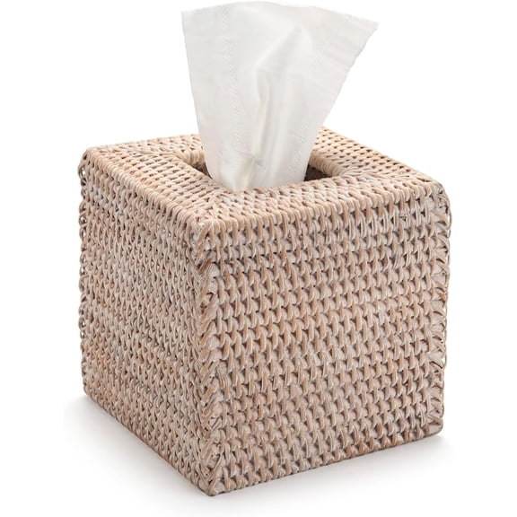 Rattan Tissue Box Cover Square, Wicker Tissue Box Holder, Decorative Woven Facial Tissue Holder for Bathroom, Kitchen, Living Room, Bedroom (Whitewash)