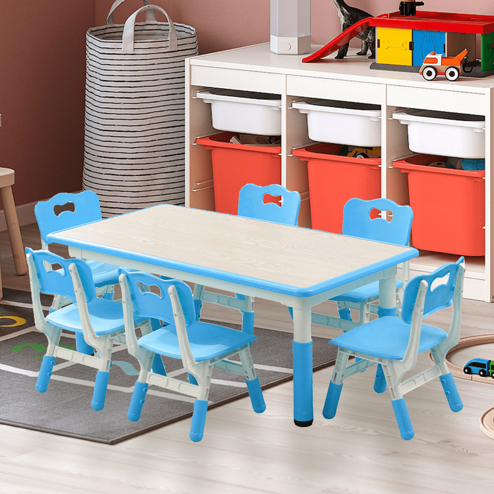 Height Adjustable Kids Table and 6 Chairs Set - Graffiti-Resistant Multi-Activity Desktop - Non-Slip Legs - Study & Craft Desk for Study Room, Home, Daycare - For Ages 2-10 - Blue
