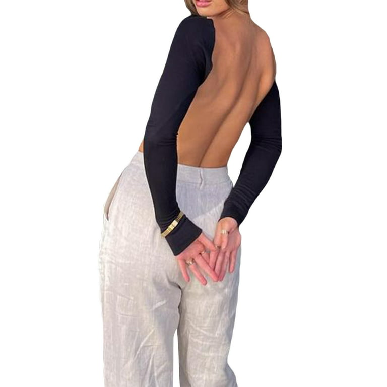 Women's Sexy Backless Mock Neck Long Sleeve Crop Top T-Shirt