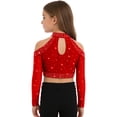 thumbnail image 6 of iiniim Girls Sequin Rhinestones Crop Top Cold Shoulder Long Sleeve Sparkle Tee Hip Hop Jazz Dance Shirt Red 16, 6 of 7