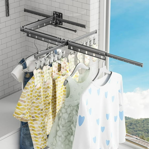 Clothes Drying Rack,2025 New Upgraded Laundry Drying Rack, Sturdy Clothes Drying Rack Wall Mounted,with Additional 4 Branches and 20 Clips,Collapsible,Retractable,Ideal for ,Laundry