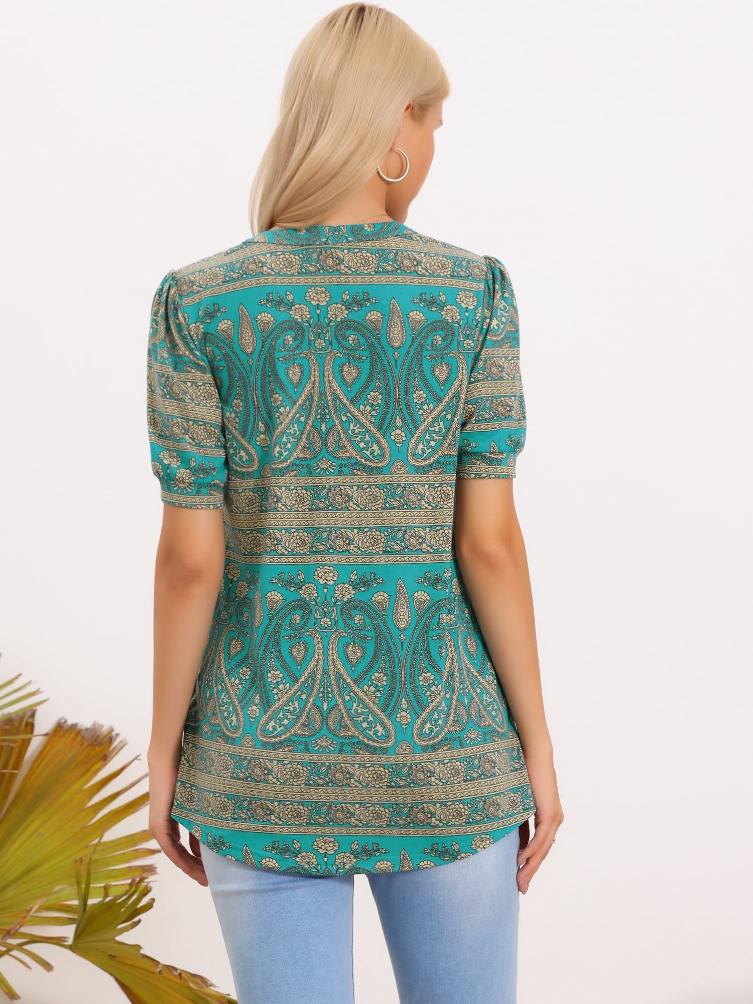 DARING DIVA Women's Boho Short Sleeve Floral Blouse Casual V Neck Shirts S Blue