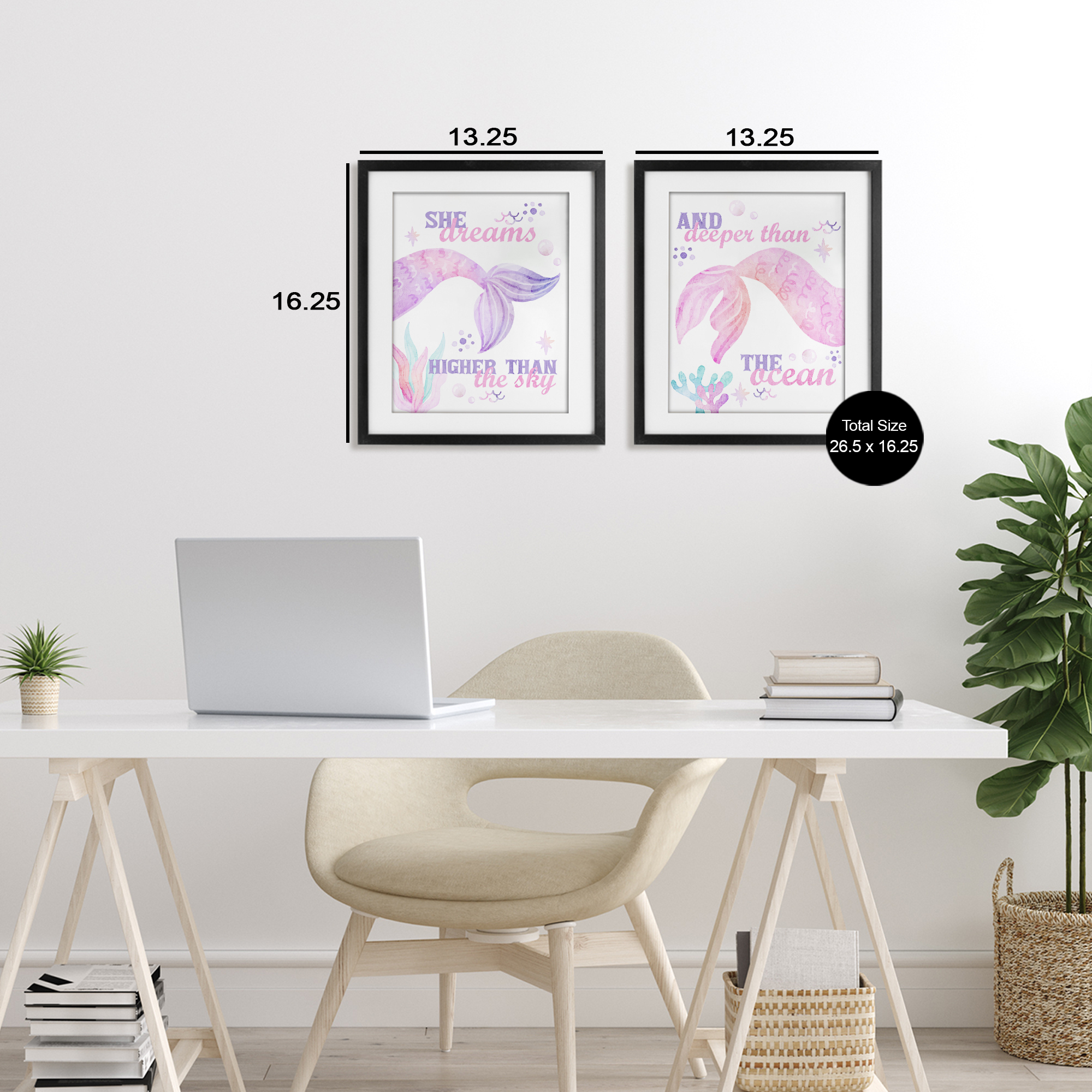 Mermaid Dreams Ocean & Sky 2 Piece Black Framed Print Under Glass Set, design by Kim Allen