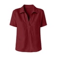 thumbnail image 5 of Collared Split V Neck Linen Pullover Blouse Short Sleeve Solid Loose Curved Hem Casual Top for Women Spring Summer Daily Wear S-XXL, 5 of 7