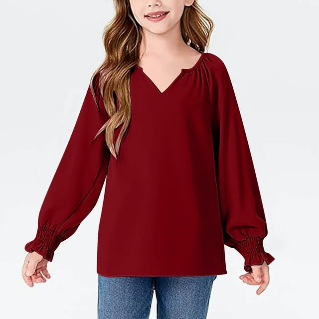Cowsor Girls' Puff Sleeve V-Neck Top – Solid Color, Loose & Stylish (6-16Y)
