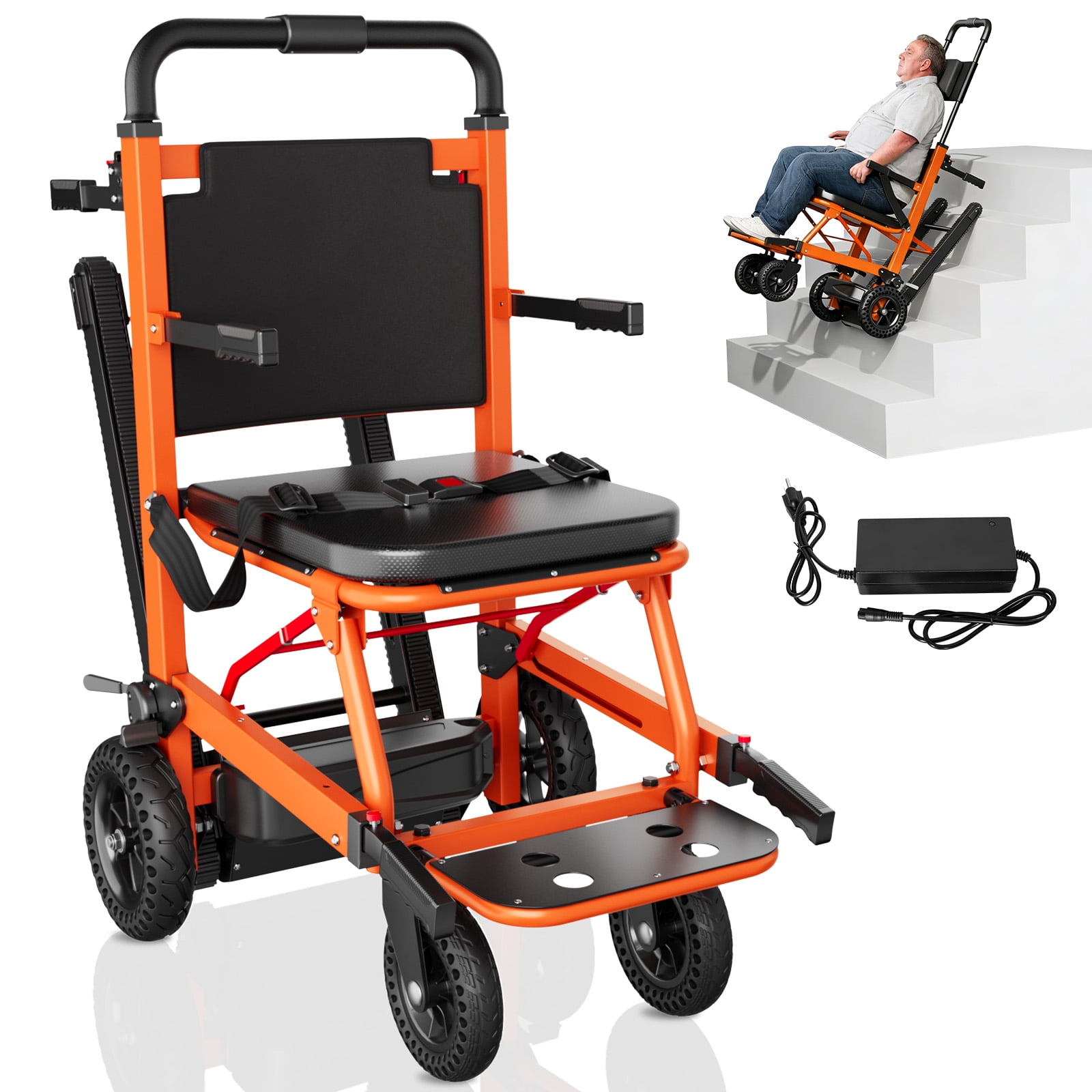 Blocona Electric Stair Climbing Wheelchair for Adults, Large Rear Wheels, Portable & Foldable, Orange, 441lb Limit