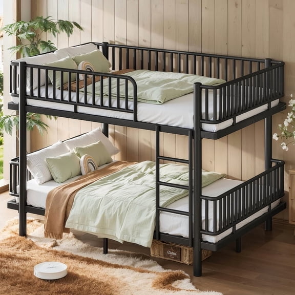 URTR Queen over Queen Metal Bunk Bed with Ladders & Guardrails, Convertible to 2 Full Platform Beds, Upgraded Round-Pipe Frame for Teens & Adults, No Box Spring Needed, Black