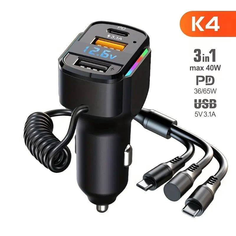65W USB C Fast Car Charger with PD Quick Charge, Dual Port Cigarette Lighter Car Charger with LED Display, 3 in 1 Elastic Charging Cable, for iPhone and Android