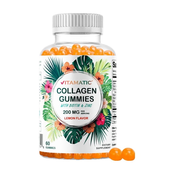 Vitamatic Hydrolyzed Collagen Gummies with Vitamin C, Zinc, Biotin for Healthy Skin Support, 60 Count