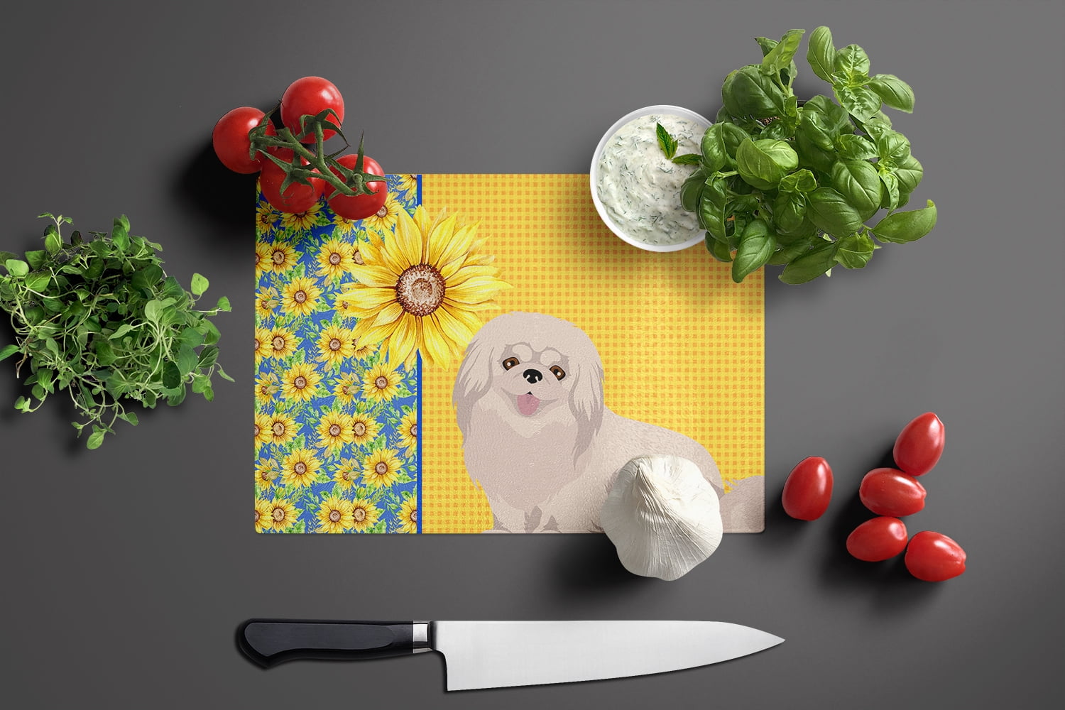 Summer Sunflowers White Pekingese Glass Cutting Board Large 12 in x 15 in