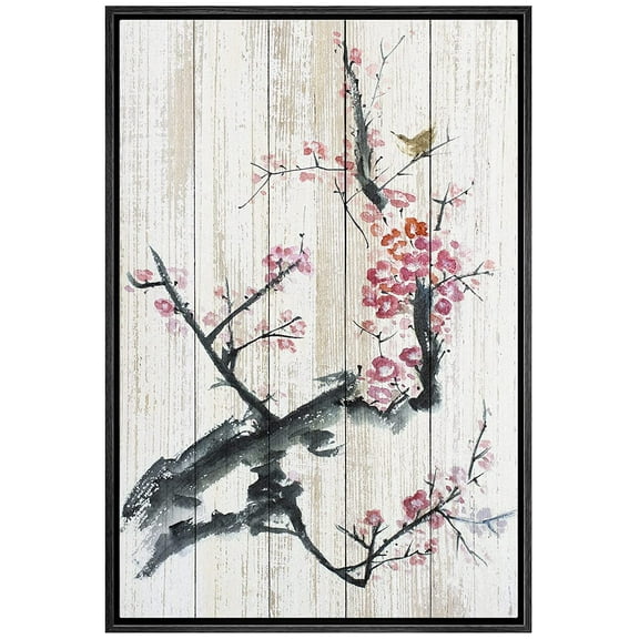 wall26 Framed Canvas Print Wall Art Vintage Wood Pastel Cherry Blossoms Nature Wilderness Illustrations Modern Art Decorative Rustic Relax/Calm for Living Room, Bedroom, Office - 16"x24" Bl