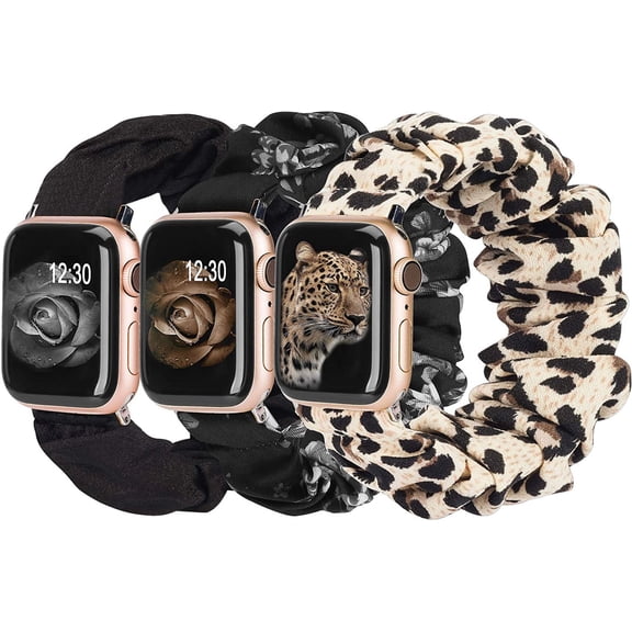 TOYOUTHS 3 Packs Apple Watch Band Scrunchies 38mm Cloth Soft Pattern Printed Fabric Wristband Women IWatch Elastic Scrunchy Bands 40mm 41mm Series SE 7 6 5 4 3 2 1, S/M