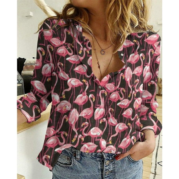 Flamingo Blouses Shirt, Tropical Flamingo Women Casual Shirt, Women's Clothing, Button Up Shirt, Long Sleeve Shirt, Gift For Her