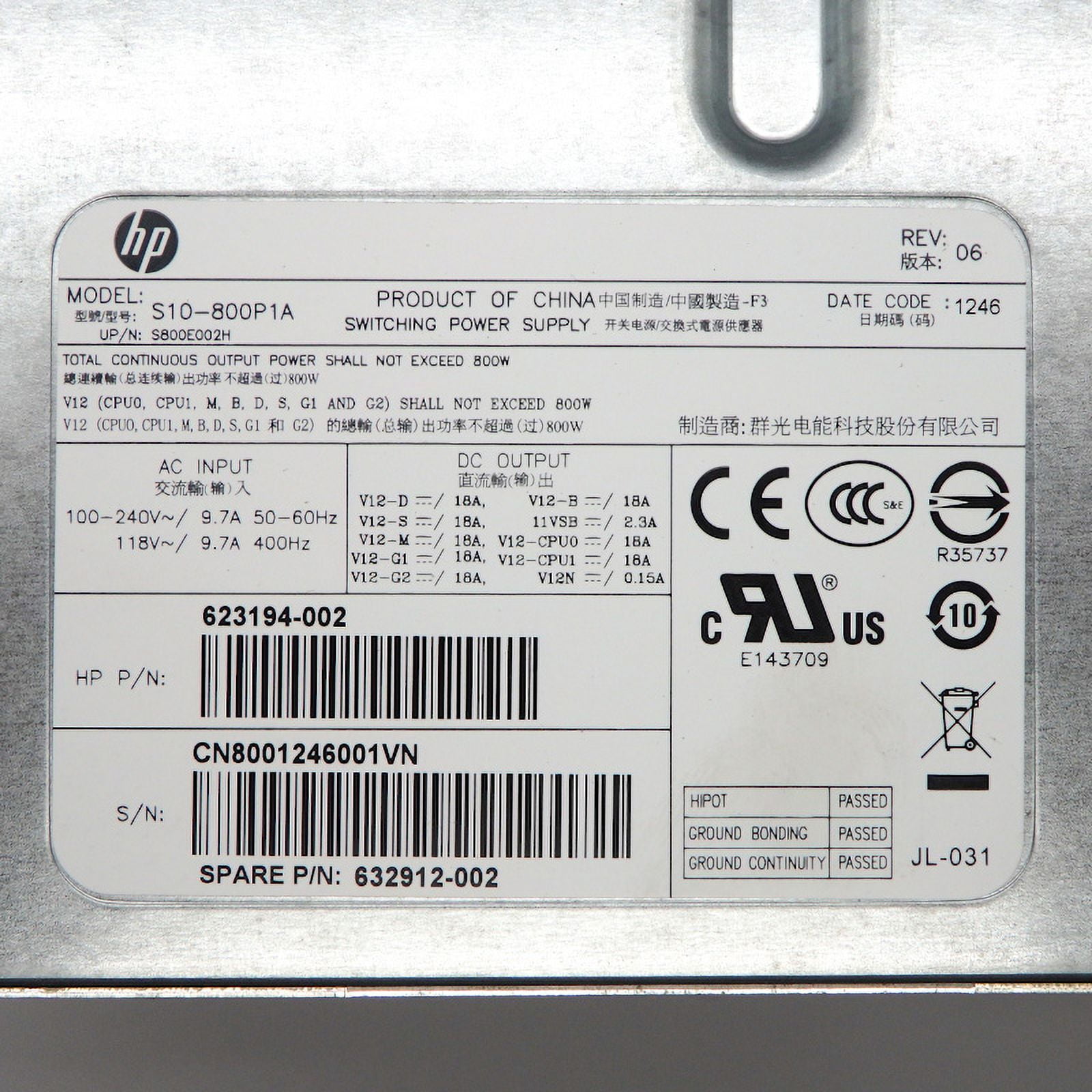 HP Z620 800W Switching Power Supply S10-800P1A 632912-002 623194-002