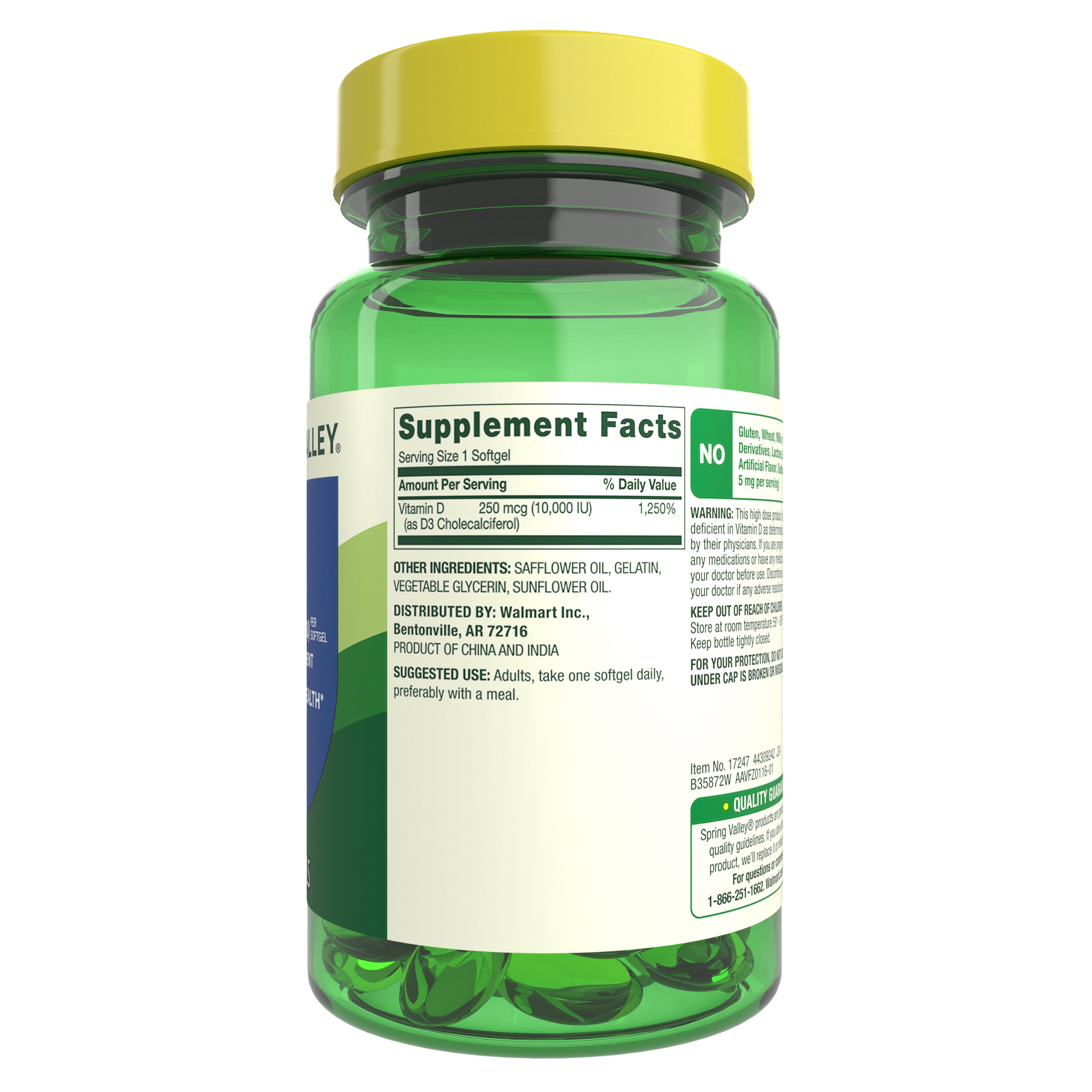 Spring Valley Vitamin D3 Softgels, 250 mcg (10,000 IU), 200 count, Supplement for Bone and Immune Health