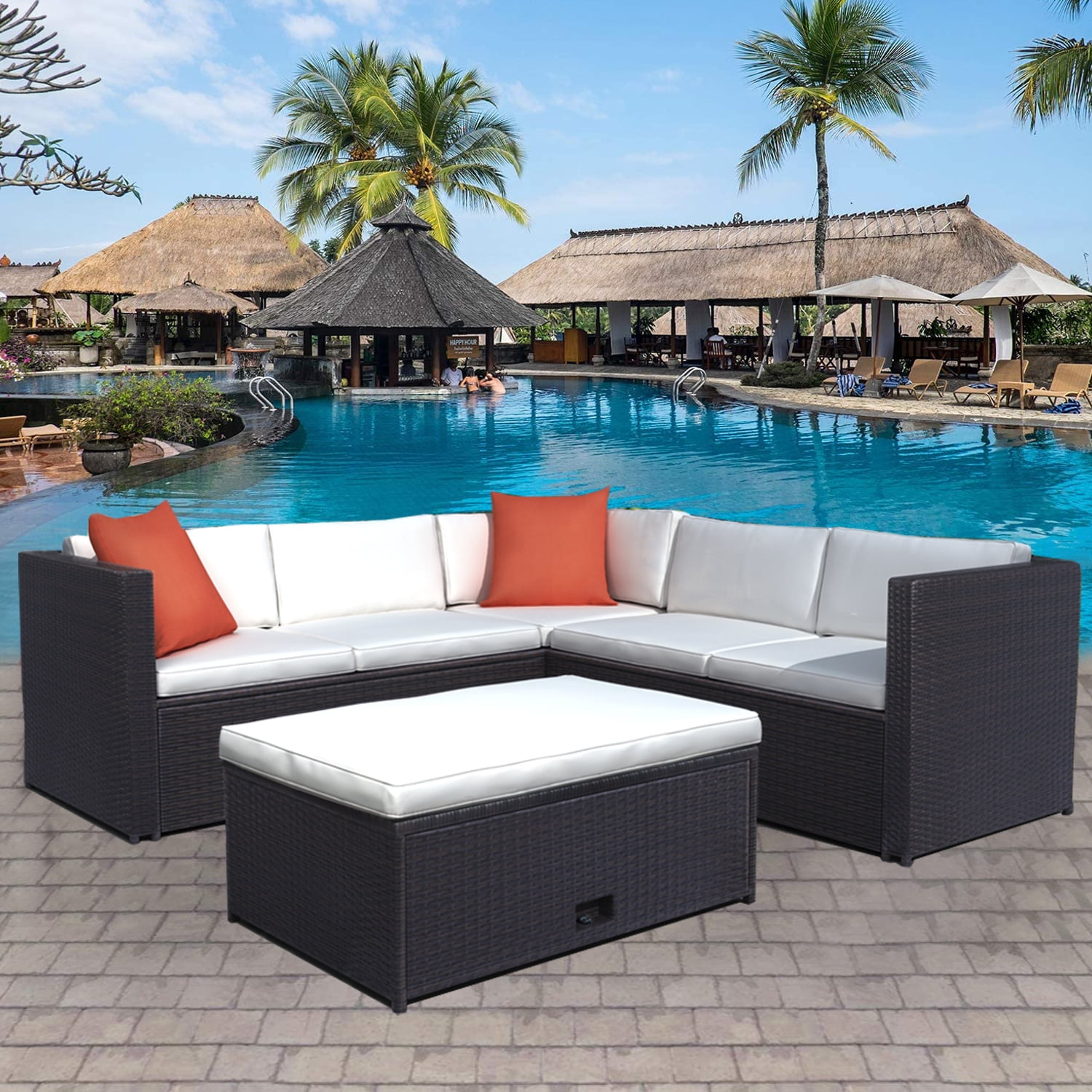 Patio Furniture Sets, 4 Pieces Brown Wicker Rattan Outdoor Sectional Sofa with Storage Table and