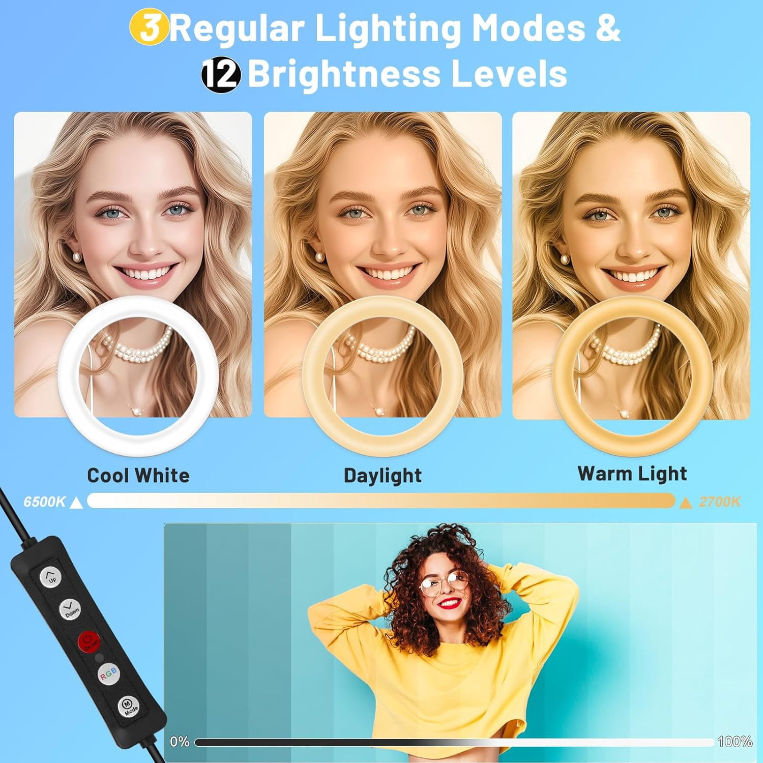 13" Selfie Ring Light with 63" Stand and 3 Phone Holder, 53 Lighting Modes, iPad Holder, Remote, Desk Tripod, RGB Ringlight for iPhone. Vlogging Circle Led Halo Light Photo Video Kit
