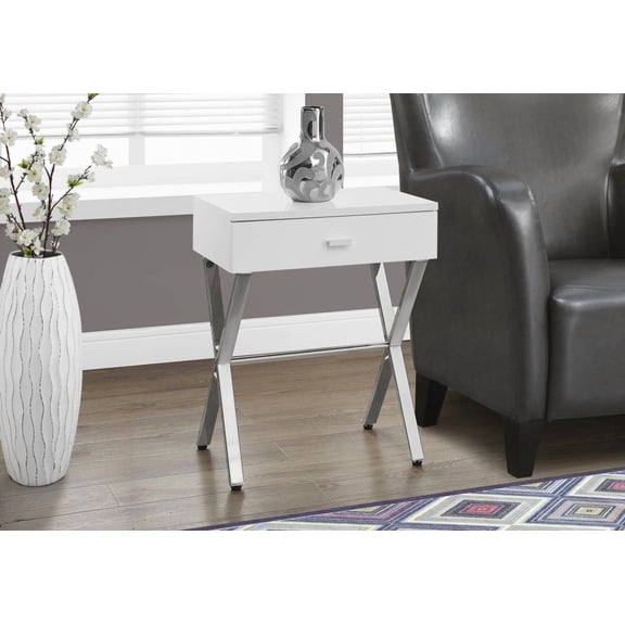 Accent Table with Storage - Glossy White, Chrome - Living Room/BDR