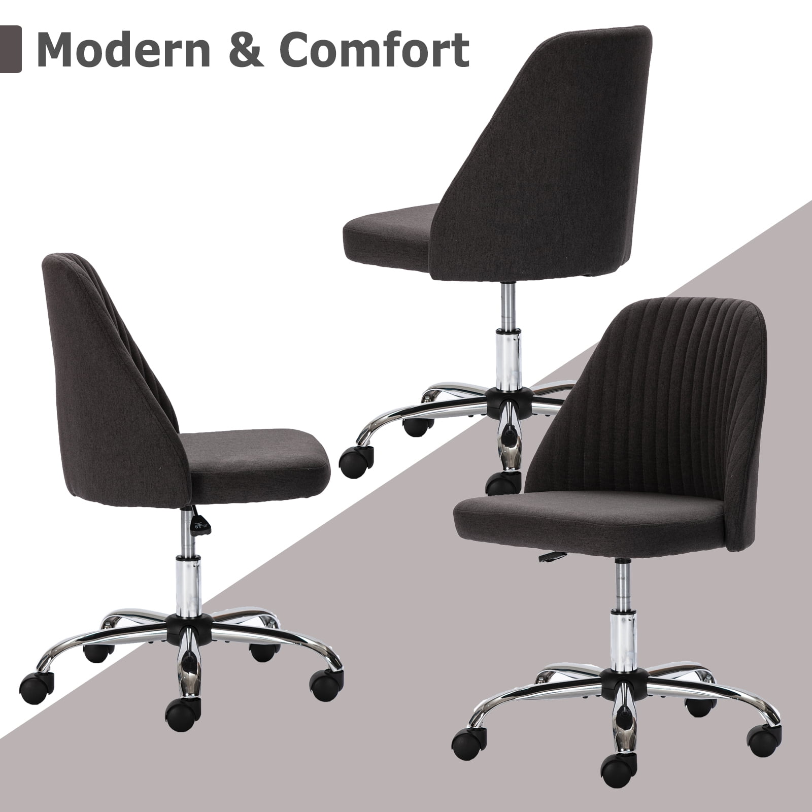 edx Vanity Chair, Armless Desk Chair with Wheels, Adjustable Swivel Fabric Makeup Chair, Comfortable Home Office Task Computer Chair, Dark Gray