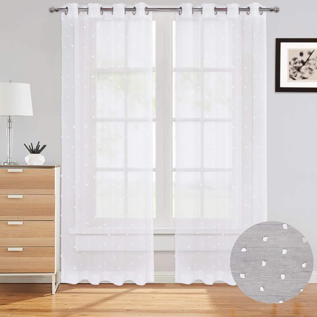 Cortinas transparentes de 240 cm para sala de estar, de voile suave con textura jacquard, bordadas con diseño de pompones, 132 x 240 cm, 2 paneles, pompones rosas