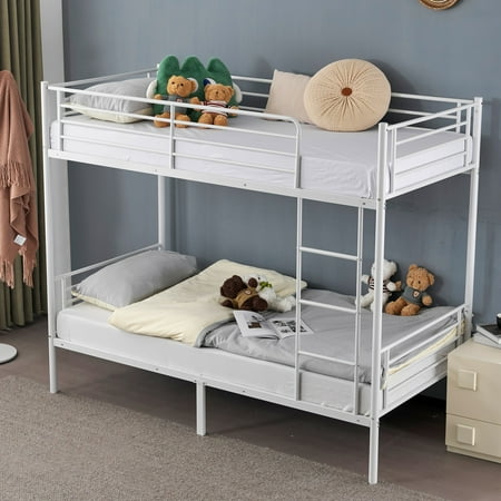 Zimtown Metal Bunk Bed Twin Over Twin Heavy Duty Bed Frame with Safety Guard Rails & Flat Ladder for Kids Teens Adults  White