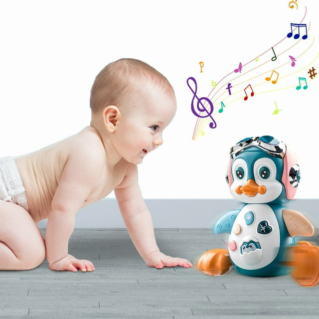 Pingüino Juguete Musical | Pingüino rastrero interactivo con música y luces intermitentes | Juguete educativo de desarrollo sensorial | Plástico ABS | Modos de rastreo y aprendizaje | 16x11x15cm |
