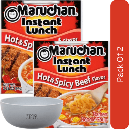 Maruchan Instant Lunch Hot & Spicy Beef Flavor Ramen Noodles, 2.25 oz Cup-2pk, With White Bowl By OMA