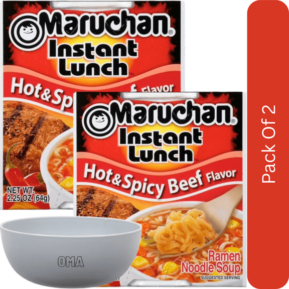 Maruchan Instant Lunch Hot & Spicy Beef Flavor Ramen Noodles, 2.25 oz Cup-2pk, With White Bowl By OMA