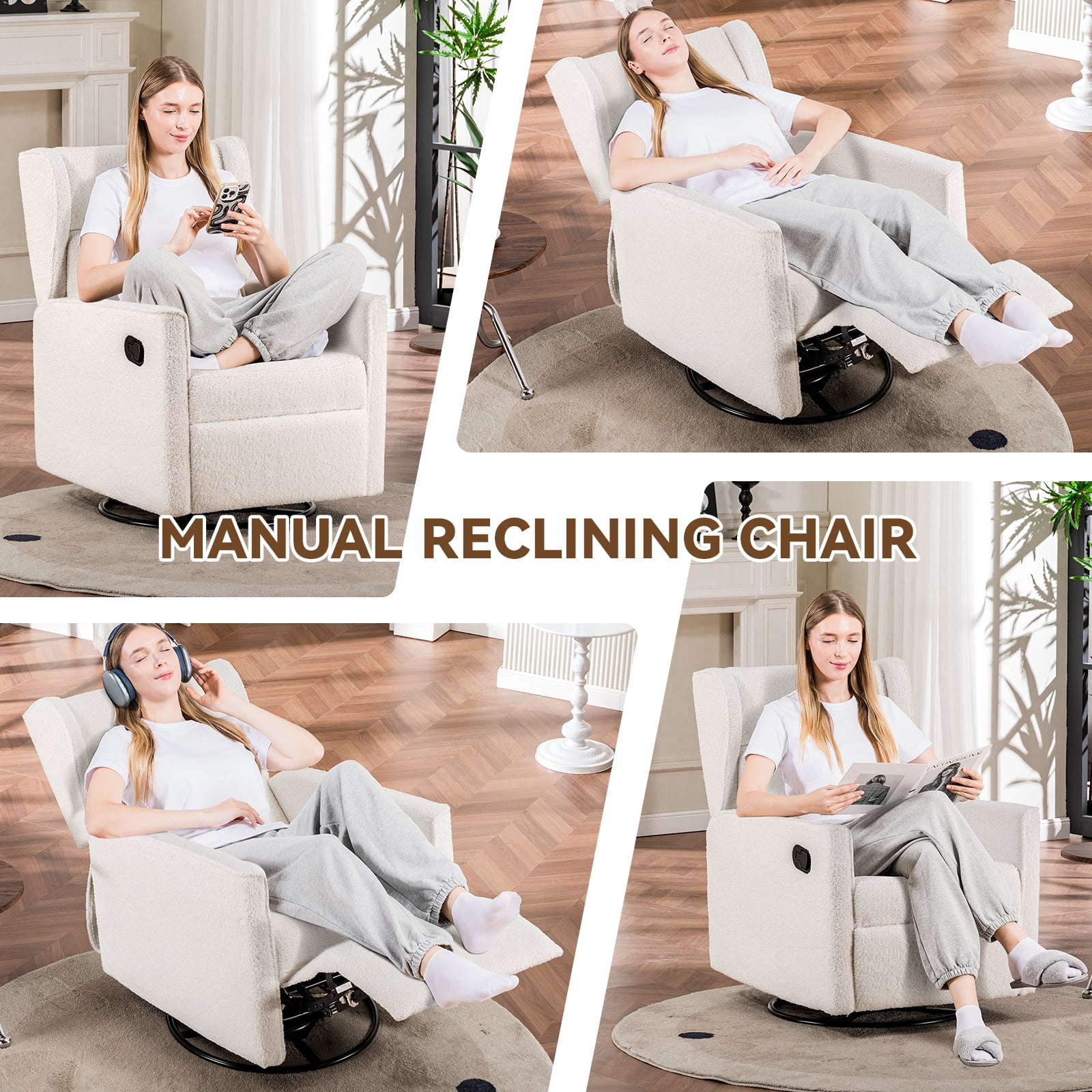 COMHOMA Nursery Rocking Chair Teddy Upholstered Swivel Rocker Recliner Manual Glider Reclining Chair for Living Room Bedroom Offices,Beige