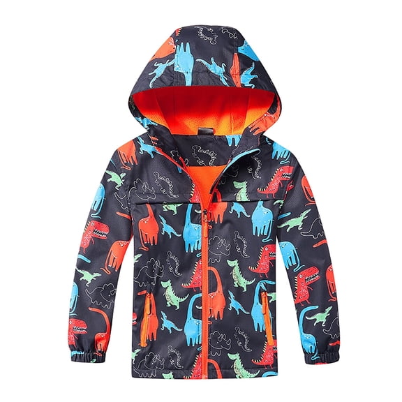 XQYLOS Rain Coats for Girls Boys Waterproof Rain Jacket Lightweight Fleece Lined Dinosaur Hooded Windbreaker Outdoor Raincoat