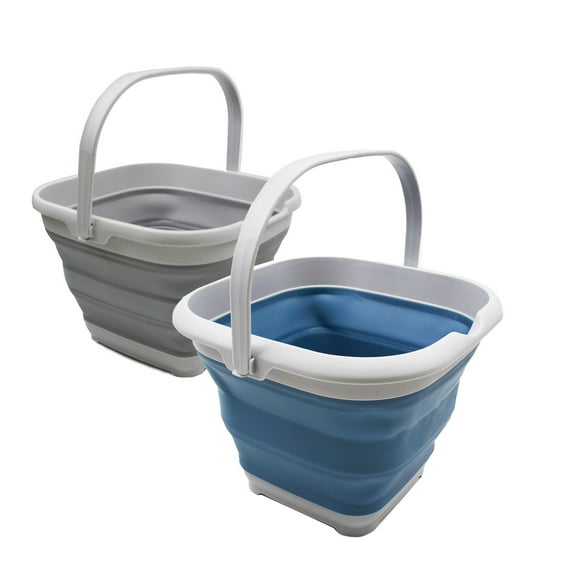 SAMMART 2-pcs Bucket Set 10L (2.6 gallons)   8.5L (2.2 gallons) Collapsible Rectangular Handy Basket/Bucket (Grey(10L)   Steel Blue