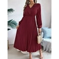 thumbnail image 4 of Women Fall Long Sleeve Dress Casual V Neck Pleated A Line Wine Red L, 4 of 5