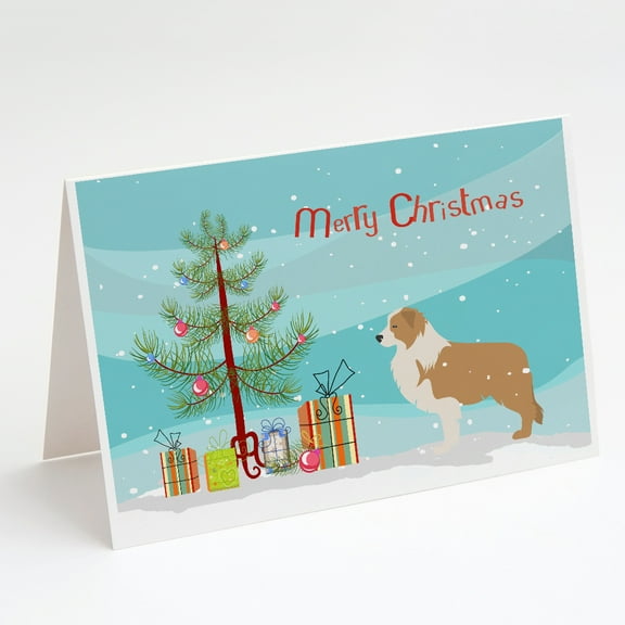 Red Border Collie Merry Christmas Tree Greeting Cards and Envelopes Pack of 8