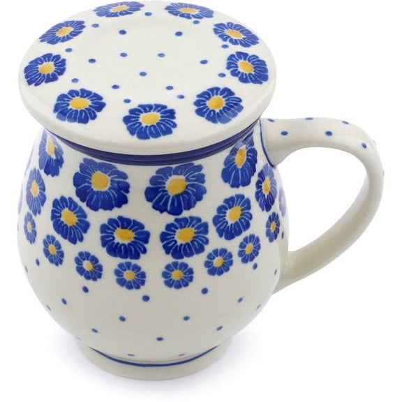 Polish Pottery Brewing Mug 14 oz Polmedia Blue Zinnia Theme Hand Painted in Boleslawiec, Poland   Certificate of Authenticity
