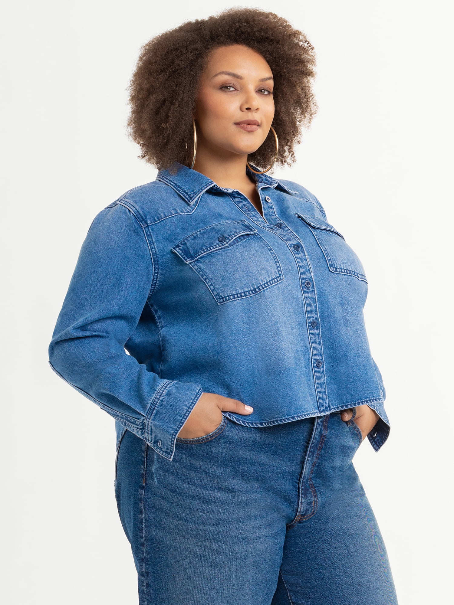 Jessica Simpson Women's Plus Size Denim Crop Shirt, Sizes 0X-4X