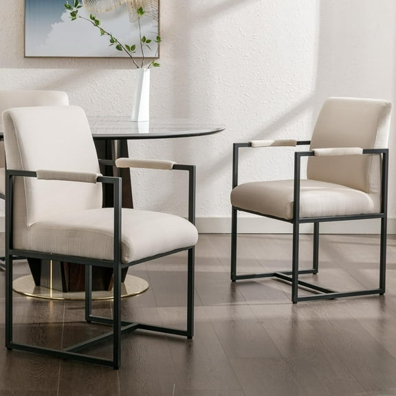 Guyou Cream Dining Chairs Set of 2 Mid-Century Modern Dining Chairs Linen Upholstered Dining Chair with Black Metal Legs for Kitchen Dining Living Room Chairs
