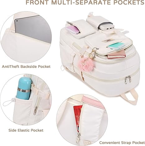 AO ALI VICTORY 3 Piece Backpack Set Laptop Backpack 15.6 inch Junior High Backpack College Backpack Anti-theft Travel Backpack Large Teenage Ladies（White)