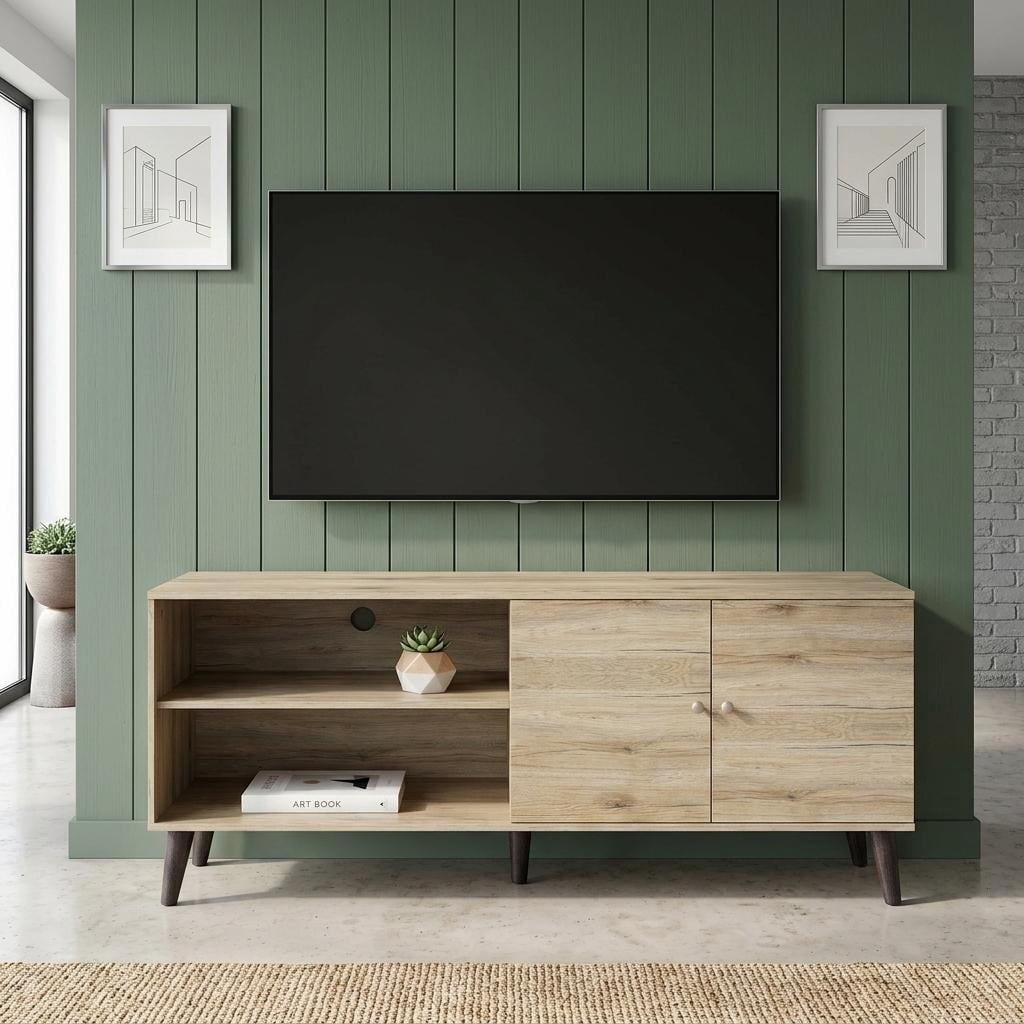 MOONMISS TV Stand for TVs up to 70",with 2 Storage Shelves& 1 Cabinet,Wood Modern Entertainment Centre for TV in Living Room,Oak