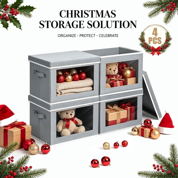 DIMJ 4 Pack Closet Bins for Organization, Collapsible Storage Bins with Lids, Closet Storage Baksets with Window, Closet organizers and Storage Cubes for Towels, Clothes