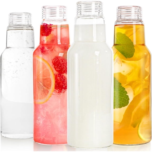 4 Pack Glass Milk Bottle, 34 Oz Reusable Juice Drinking Jar with Airtight Lid, Heavy Duty Leakproof Water Bottles Container for Iced Tea, Beverage, Smoothies Storage