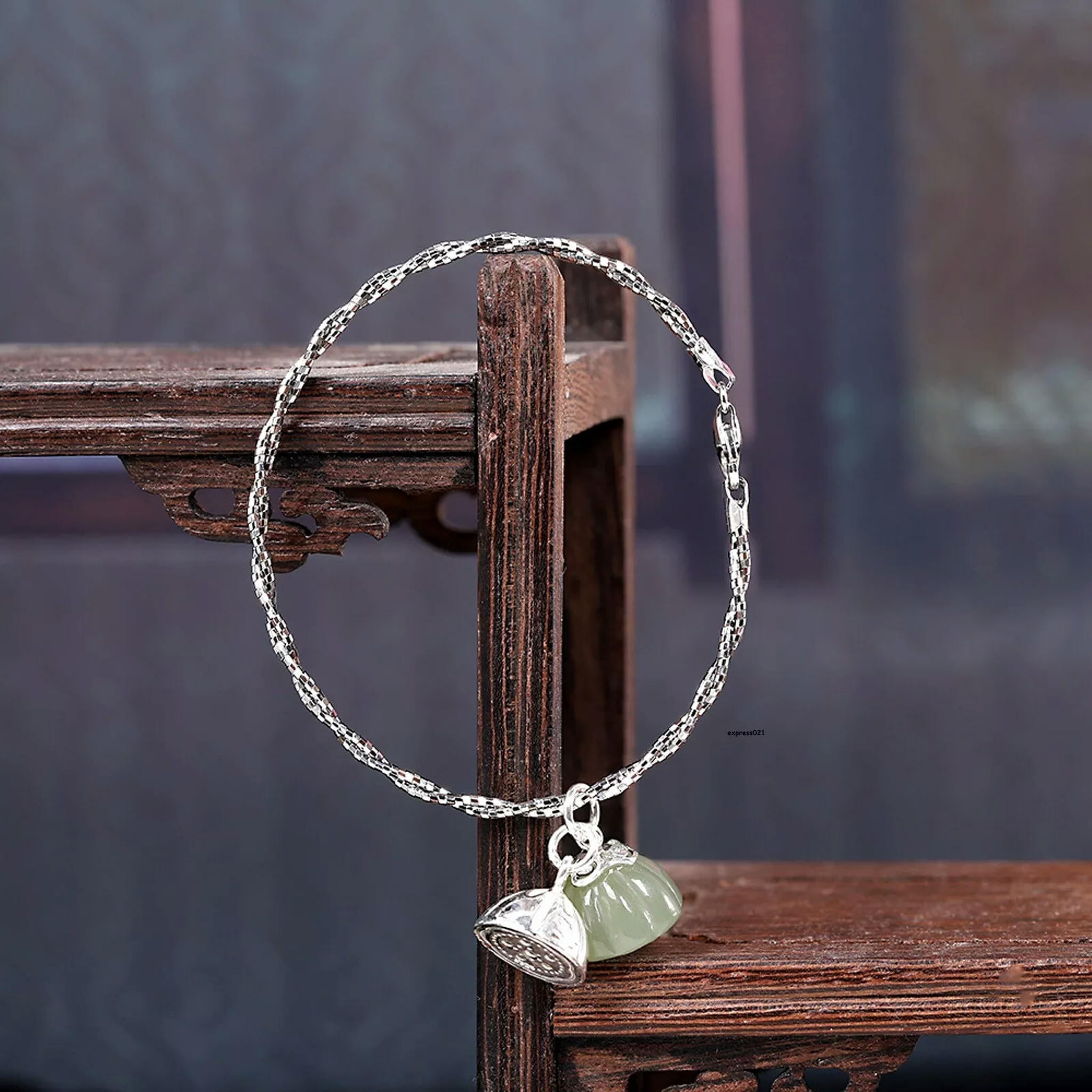 HOOUN Solid 925 Sterling Silver Bangle Women Natural Jade Lotus Twist Rope Bracelet 8g