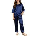thumbnail image 5 of BRGZLK Girls Homewear Set Solid Color Soft Comfy Imitation Silk Long Sleeve Round Neck Top Shirt and Long Pants Loungwear Two Pieces Set Navy 9-10 Years, 5 of 5