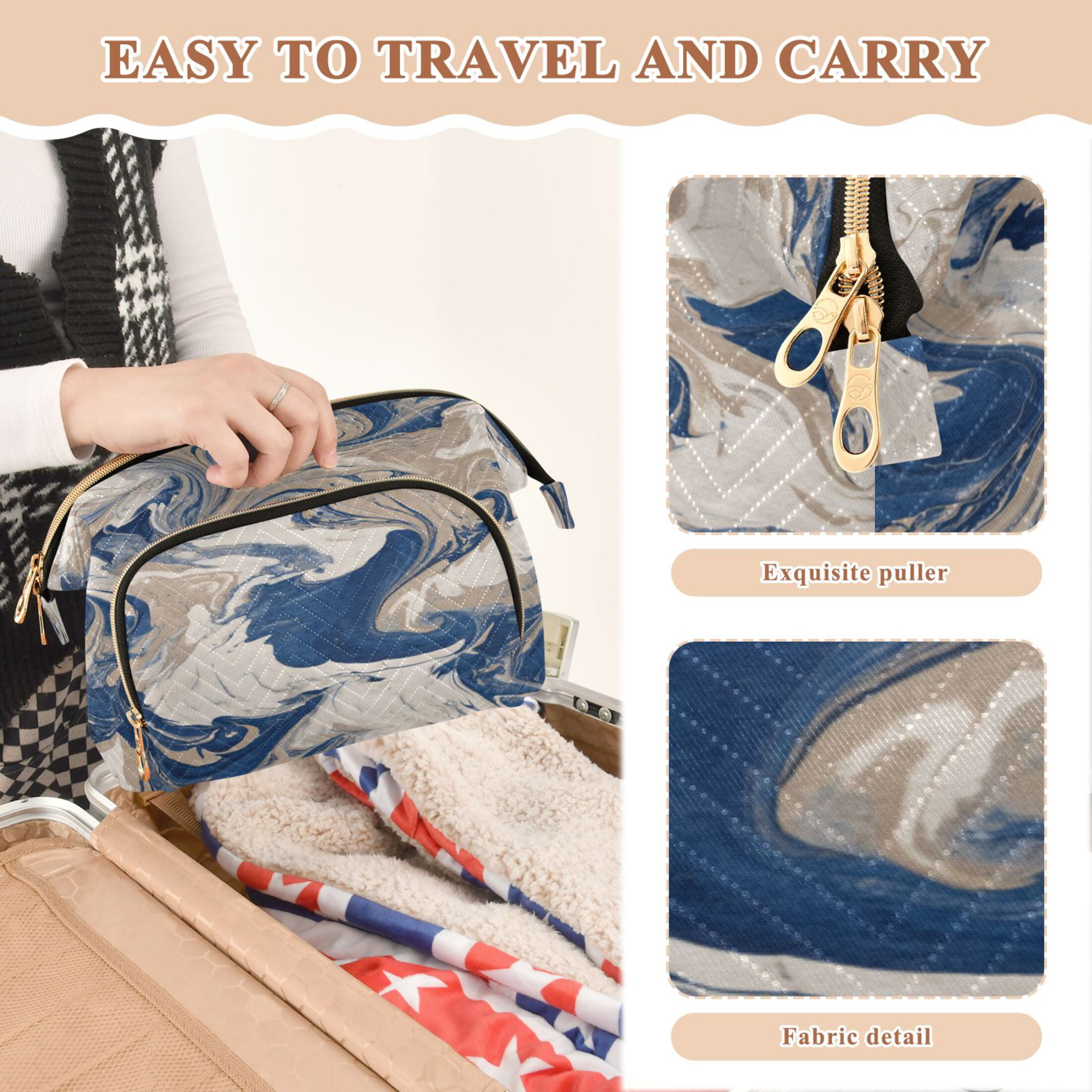 Wavy Quilted Cosmetic Bag Large-Capacity Travel Toiletry Organizer Includes 9-Piece Portable Travel Bottle Set Blue Flowing Liquid Marble