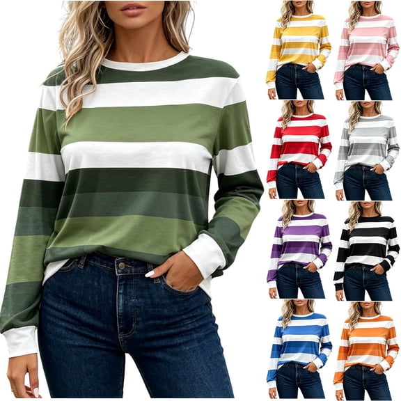 Diufon Striped Long Sleeve Shirt for Women Color Block Round Neck Pullover Tops Soft Comfy Tunic Basic Tees
